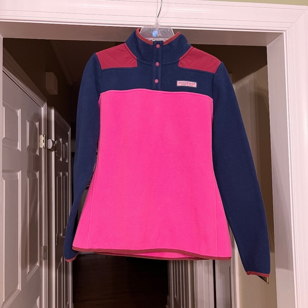 EUC Women's Vineyard Vines Pink Navy Colorblock Fleece Mock Neck Pullover SMALL